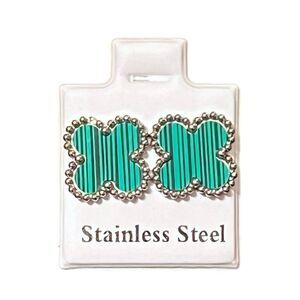 Designer Inspired Stainless Steel Alhambra Green Clover Stud Earrings